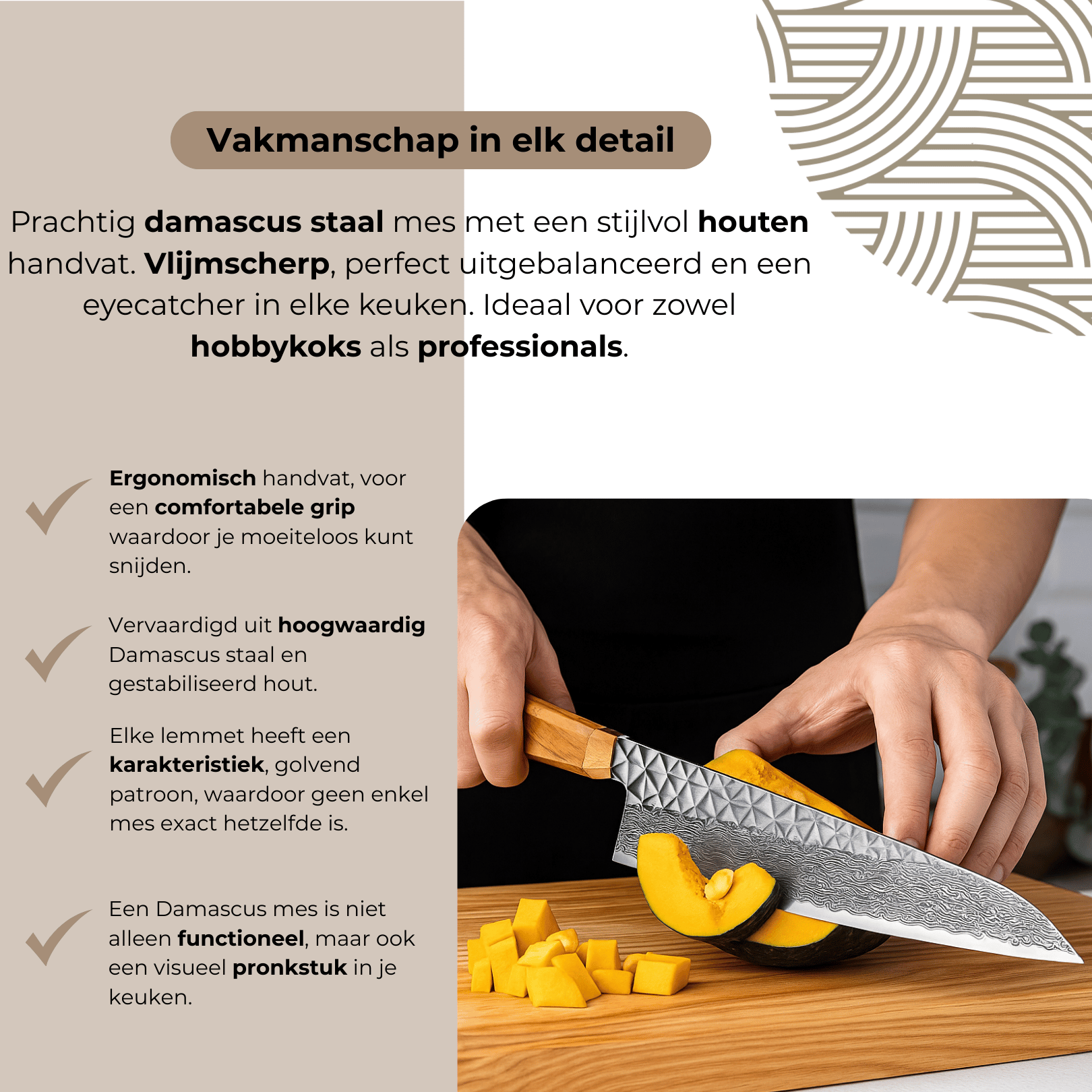 Het Damascus Gyuto mes in actie tijdens het snijden van groenten, waarbij het scherpe lemmet moeiteloos door ingrediënten glijdt.