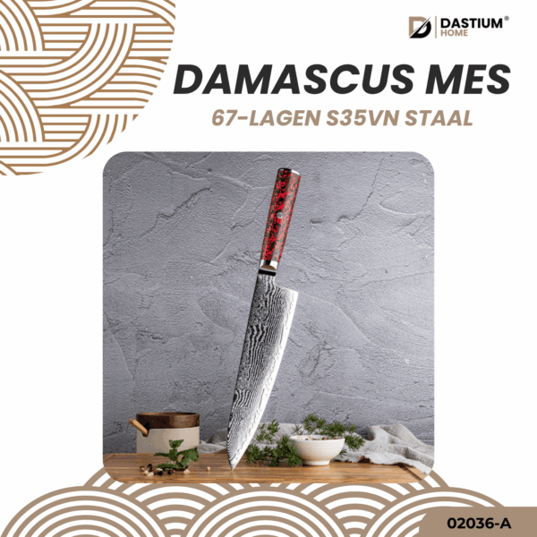 Sfeervolle presentatie van het Damascus mes met luxe opbergdoos, ideaal als cadeau voor kookliefhebbers.