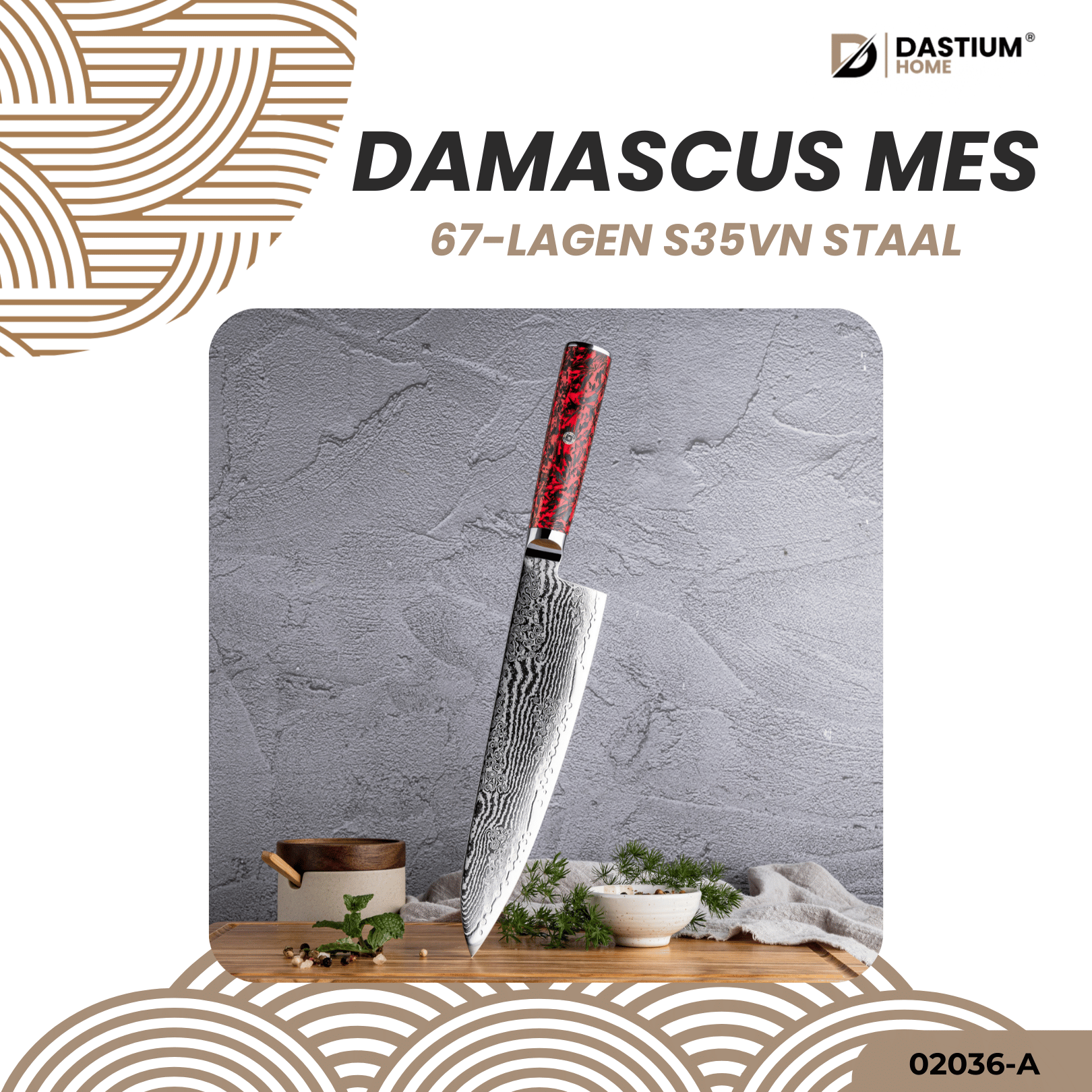 Dastium Home – 67-Laags Damascus Staal Koksmes Met Ergonomisch Rood Forged Carbon Handvat – 21CM