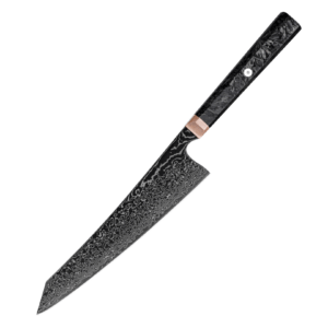 Close-up van het Damascus Kiritsuke mes met een lemmet van gelaagd Damascusstaal en een zwarte handgreep. Het strakke, moderne design benadrukt de professionele uitstraling.