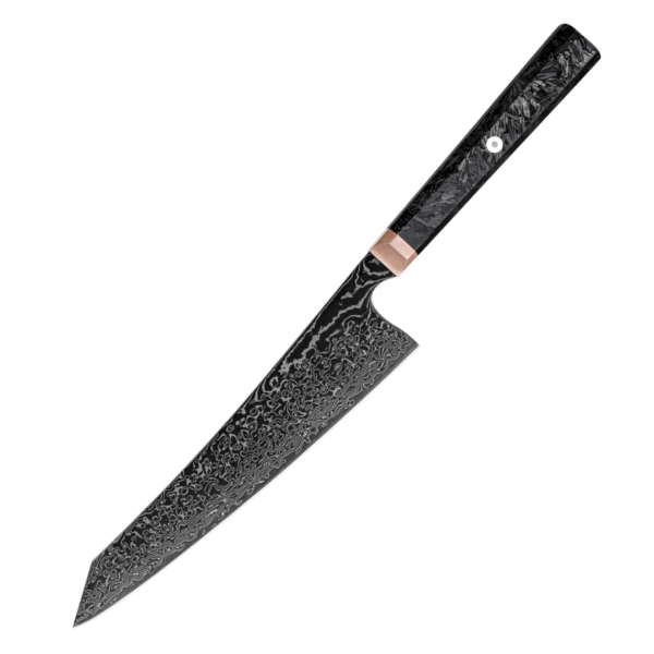 Close-up van het Damascus Kiritsuke mes met een lemmet van gelaagd Damascusstaal en een zwarte handgreep. Het strakke, moderne design benadrukt de professionele uitstraling.