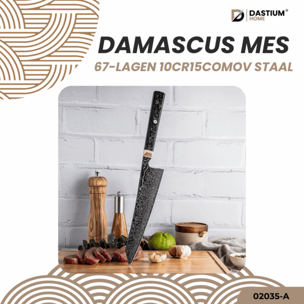 Sfeervolle presentatie van het Damascus Kiritsuke mes inclusief luxe opbergdoos, ideaal voor liefhebbers van Japans kookgerei.