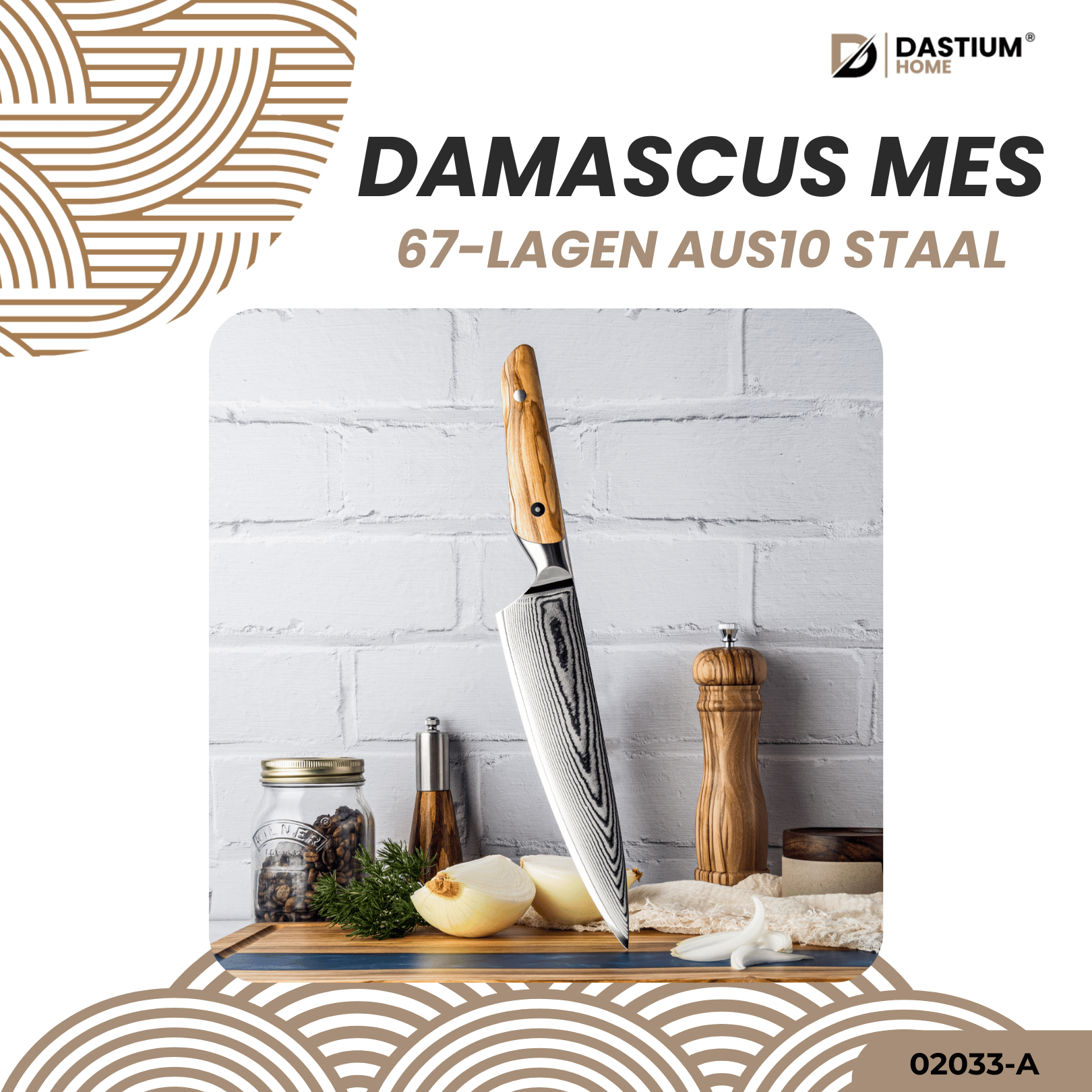 Dastium Home – 67-Laags Damascus Staal Koksmes Met Ergonomisch Olijfhouten Handvat – 20CM