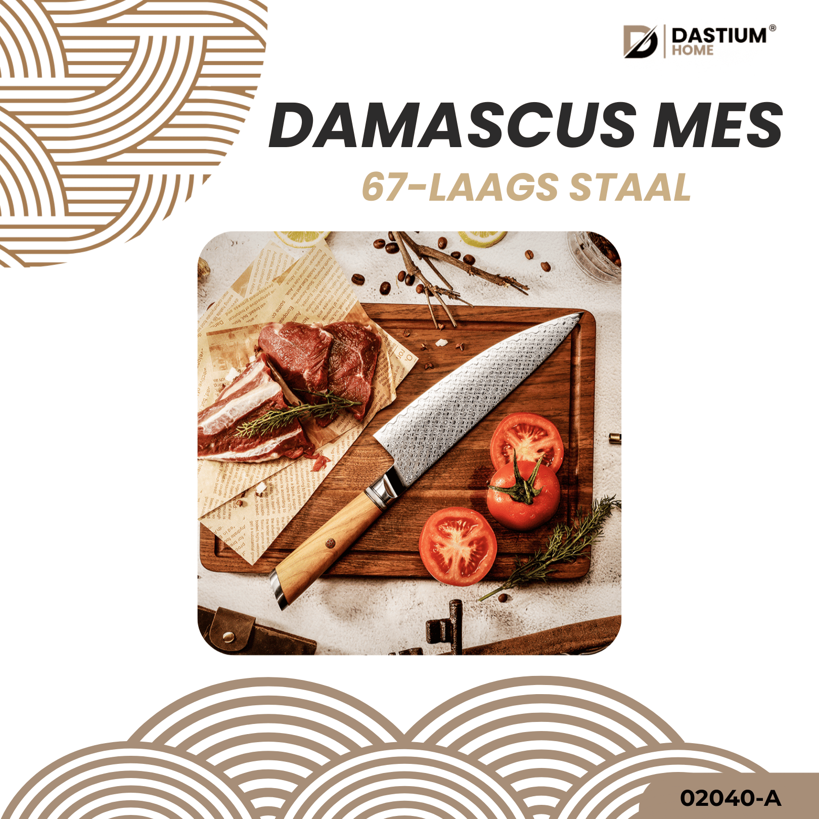 Dastium Home – 67-Laags Damascus Staal Koksmes Met Ergonomisch Olijfhout En Wit Harsen Handvat – 20CM