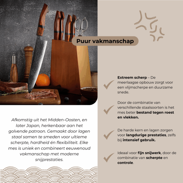 Gebruikssituatie waarin het Damascus Gyuto mes groenten en vlees verwerkt, ideaal voor precisie en snelheid in de keuken.