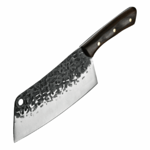 Productclose-up van het Japanse hakmes (keukenbijl) met breed RVS lemmet en duidelijk hamerpatroon, voorzien van een ergonomisch wenge houten handvat.