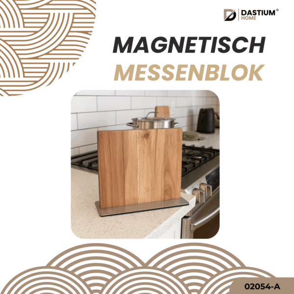 Lifestylefoto van het dubbelzijdig magnetisch messenblok, ideaal voor het veilig en overzichtelijk opbergen van keukenmessen.