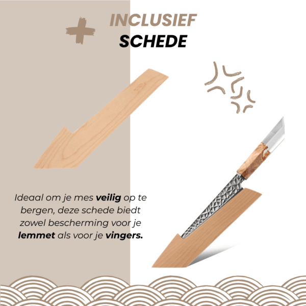 Extra illustratie van de ergonomische grip en balans van het Gyuto mes, ontworpen voor comfortabel en nauwkeurig snijden.