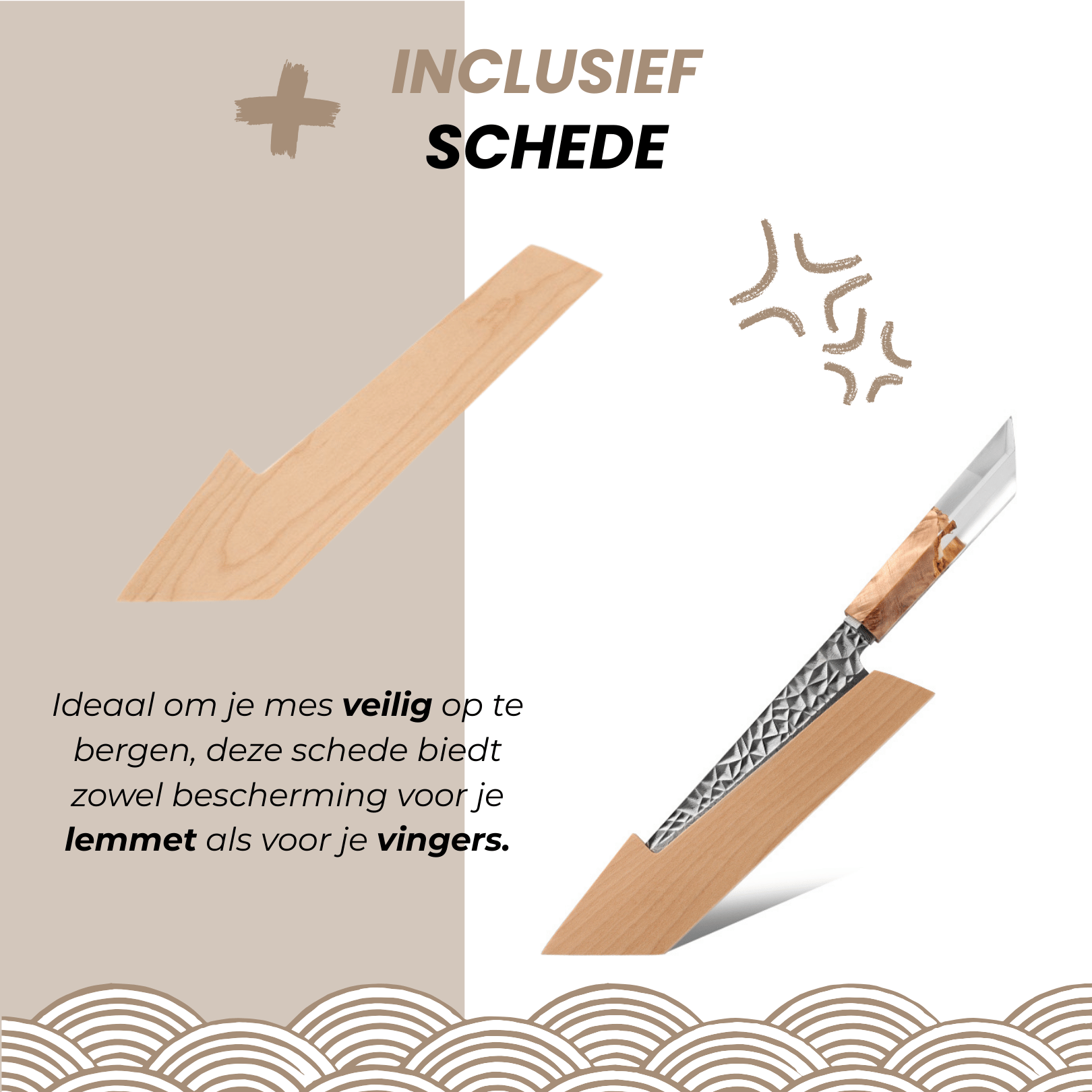 Extra illustratie van de ergonomische grip en balans van het Gyuto mes, ontworpen voor comfortabel en nauwkeurig snijden.