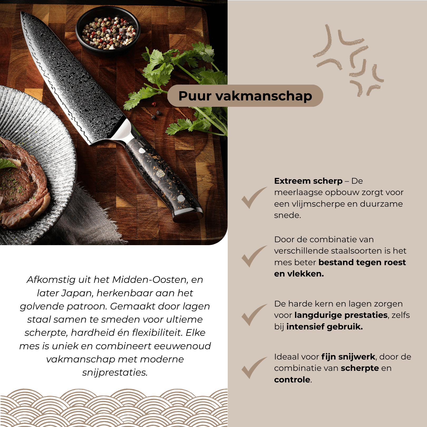 Toepassingsfoto van het Gyuto mes bij het bereiden van vlees en groenten, ideaal voor precisie en snelheid.