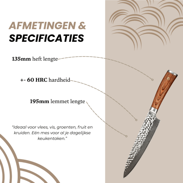 Productspecificaties Dastium Home Damascus koksmes 20CM met pakkahouten handvat