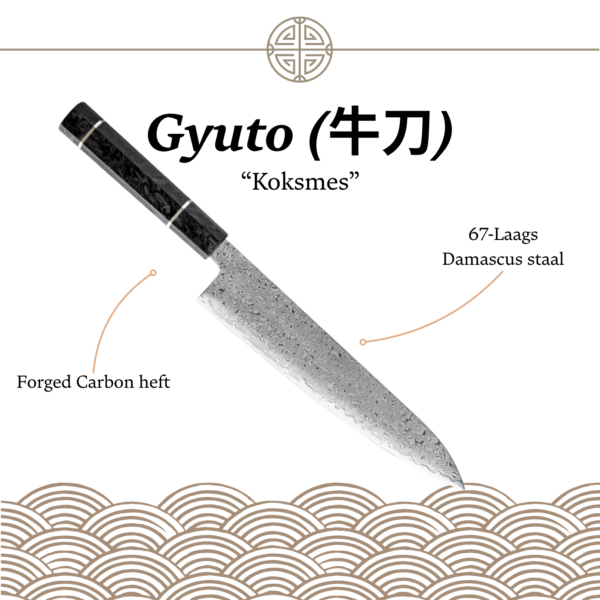 Japans Gyuto koksmes van echt Damascusstaal – forged carbon handvat – 23cm.