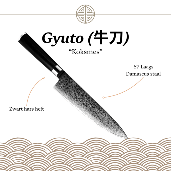 Omschrijving: Informatieve afbeelding met de Japanse benaming "Gyuto" en duidelijke aanduiding van de 20 cm lemmetlengte en het ergonomische zwarte handvat.