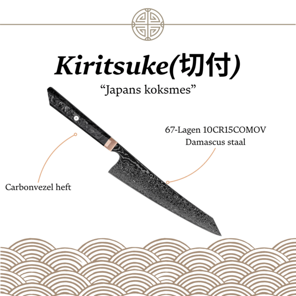 Illustratie van het Kiritsuke mes met Japanse naam (切付), ontworpen voor veelzijdig gebruik bij vis, vlees en groenten.
