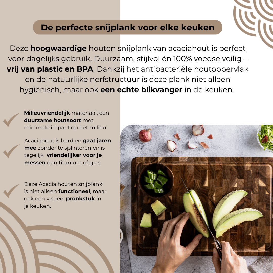 Overzicht van de belangrijkste kenmerken van de acaciahouten snijplankenset: duurzaam materiaal, veelzijdig gebruik en eenvoudig onderhoud. Inclusief sfeerbeeld met hapjes en serveerideeën.