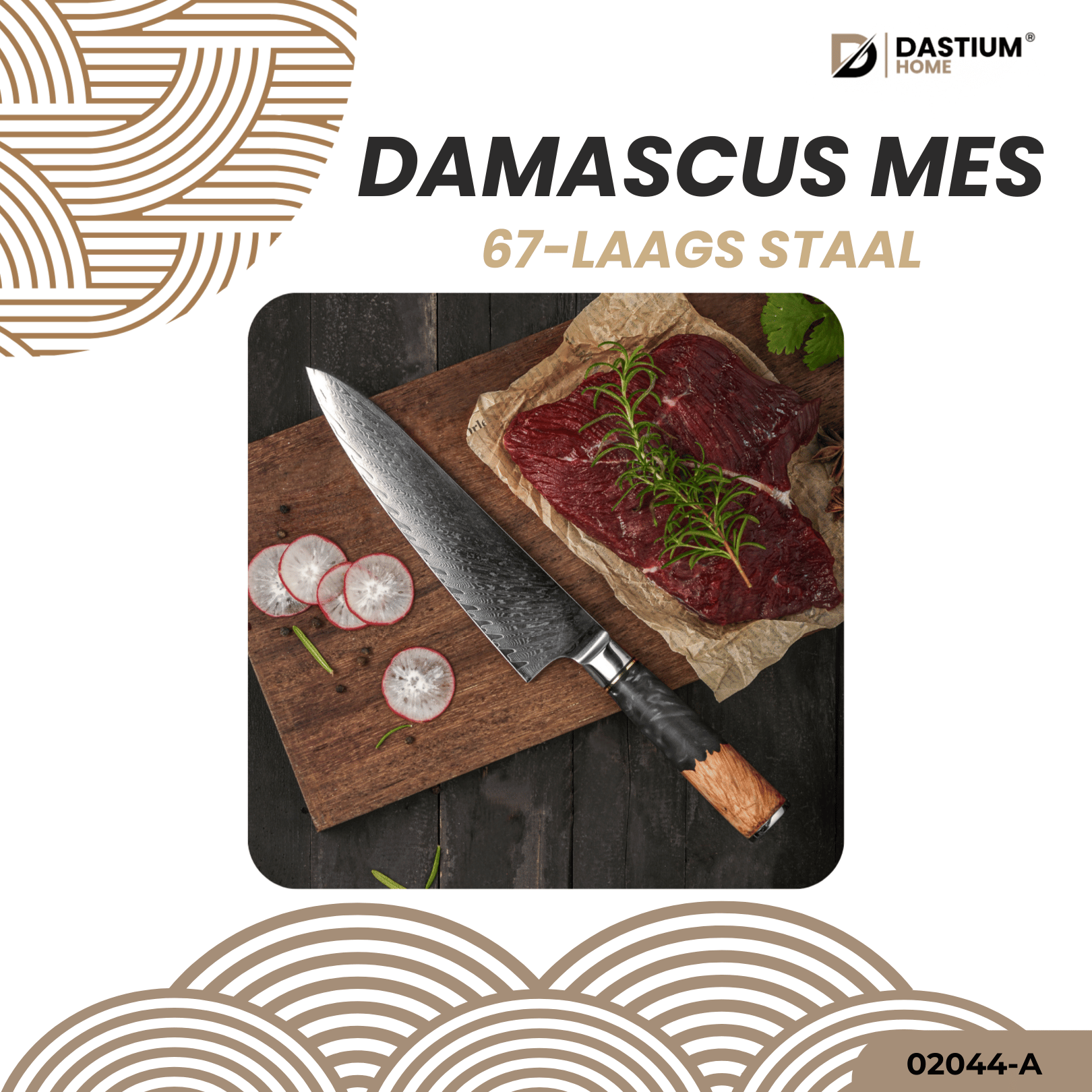 Dastium Home – 67-Laags Damascus Staal Koksmes Met Ergonomisch Hout en Zwart Harsen Handvat – 20CM