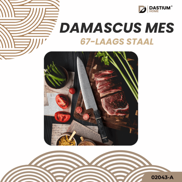 Damascus koksmes 23cm in luxe presentatie – Dastium Home Japans Gyuto forged carbon handvat.