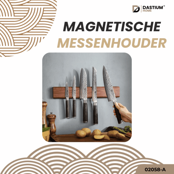 Sfeervolle productpresentatie van de magnetische messenhouder, perfect voor veilig en overzichtelijk opbergen van keukenmessen.