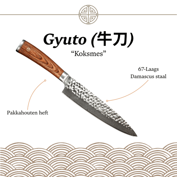 Gyuto keukenmes 20CM van echt Damascusstaal met pakkahouten handvat