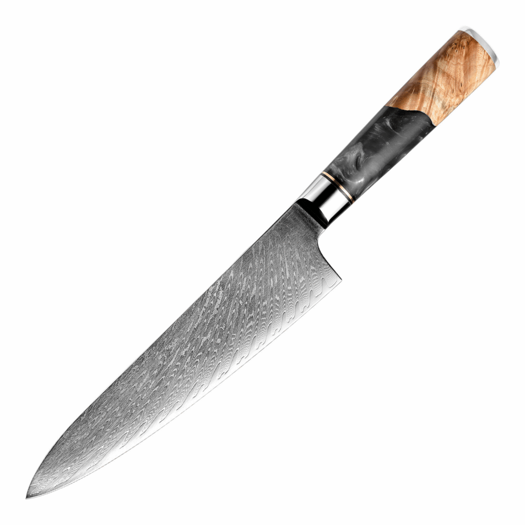 Damascus koksmes 23 cm met ergonomisch houten handvat en gedetailleerd lemmet.