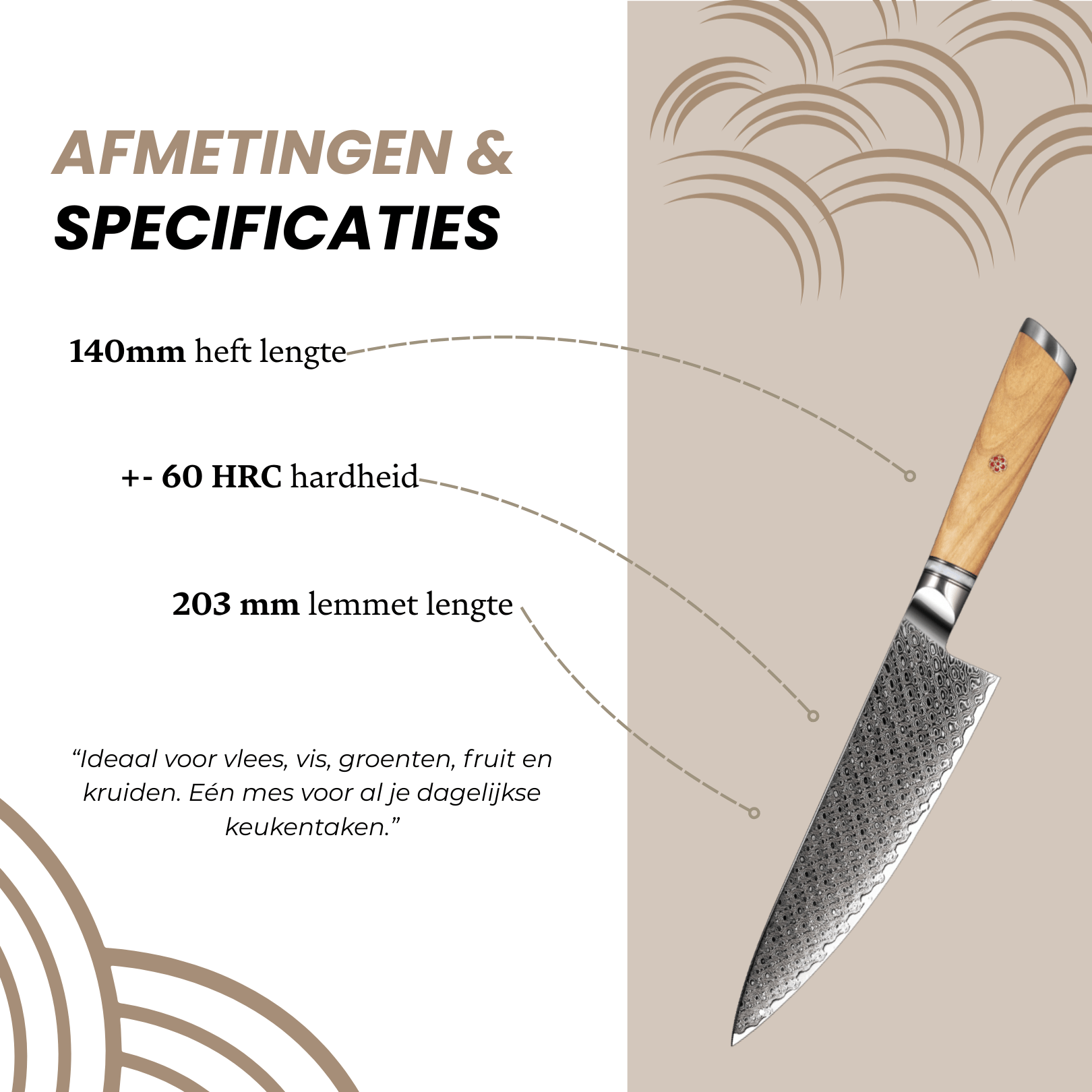 Overzicht van de afmetingen en productspecificaties van het Dastium Damascus Gyuto mes van 20 cm, inclusief totale lengte, lemmetbreedte en materiaalsoorten.