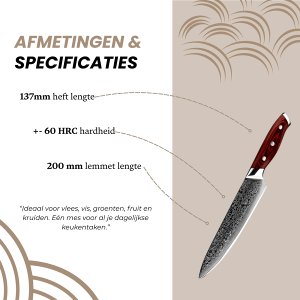 Omschrijving: Productspecificatie-afbeelding met technische details zoals lemmetlengte, materiaal en handvatontwerp, stijlvol gepresenteerd.