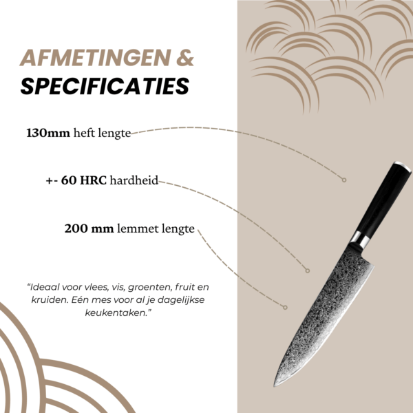 Omschrijving: Productspecificatie-afbeelding met technische details zoals lemmetlengte, materiaal en handvatontwerp, gepresenteerd op een stijlvolle achtergrond.