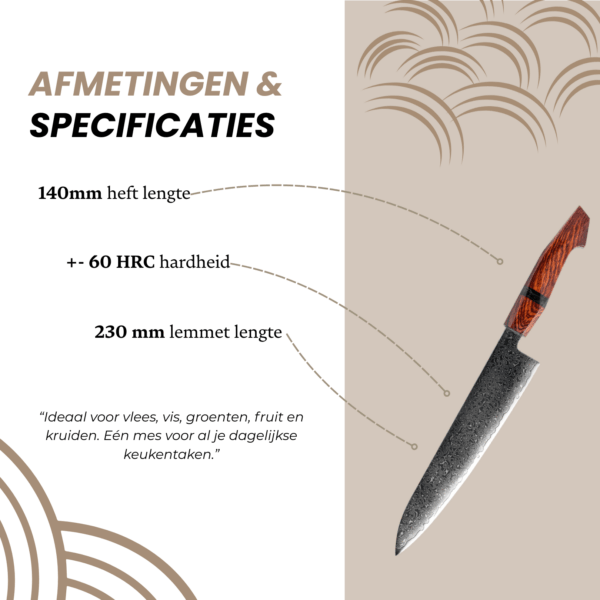 Overzicht van afmetingen en specificaties van het Dastium Home 67-laags Damascus mes, inclusief lemmetlengte, totale lengte en materiaal.