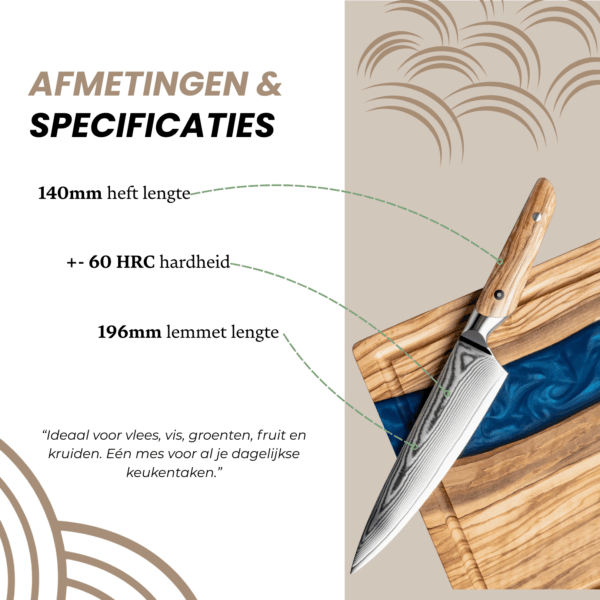 Overzicht van afmetingen en specificaties van het Damascus Gyuto mes: lemmetlengte, totale lengte, materiaal en hardheid.