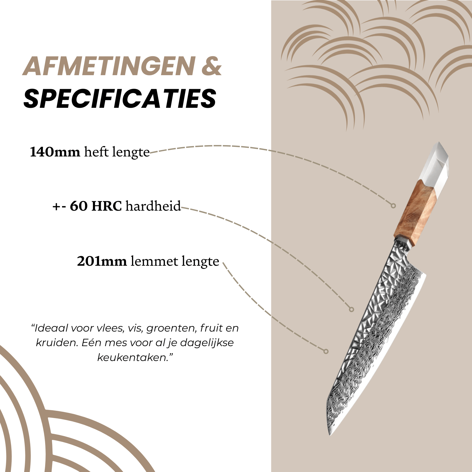 Overzicht van afmetingen en specificaties van het Damascus Gyuto mes: lemmetlengte, totale lengte, materiaal en hardheid.