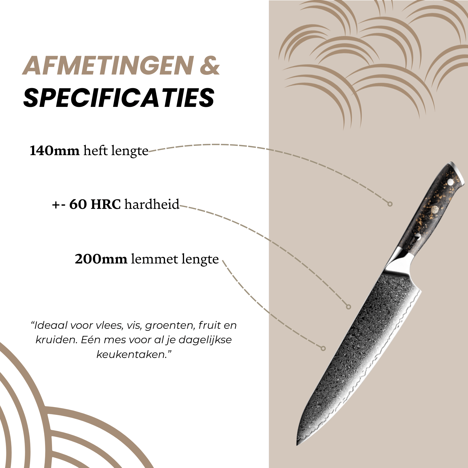 Overzicht van afmetingen en specificaties van het Damascus Gyuto mes: lemmetlengte, totale lengte, materiaal en hardheid.