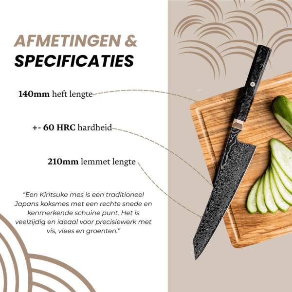 Overzicht van afmetingen en specificaties van het Damascus Kiritsuke mes, inclusief lemmetlengte, totale lengte en materiaal.