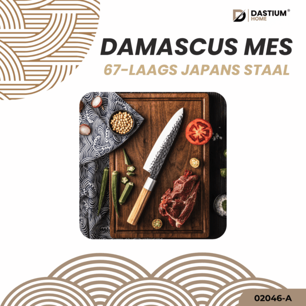 Japans Damascus koksmes met hamerpatroon – presentatie met ingrediënten