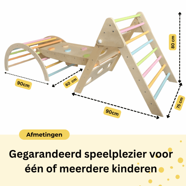 Grote Montessori klimset pastel met klimboog, glijbaan en klimdriehoek voor meerdere kinderen