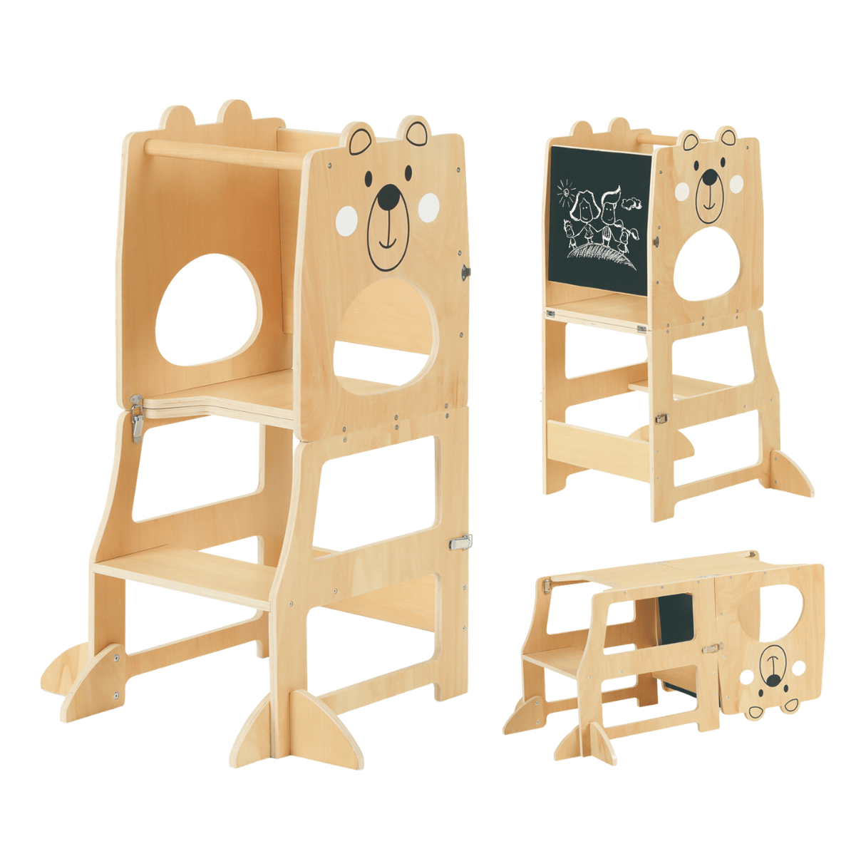 Multifunctionele houten leertoren met krijtbord en tafelstoel-optie
