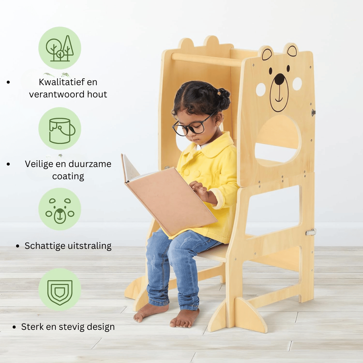 Houten leertoren voor kinderen met veilige afwerking en sterk ontwerp
