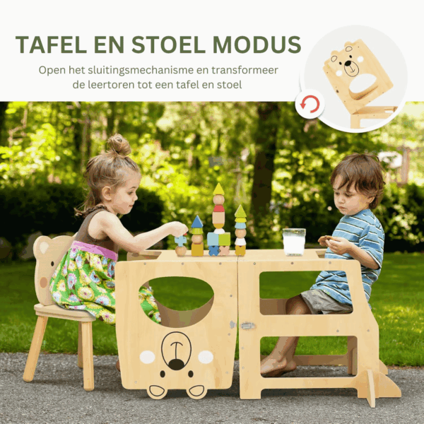 Houten leertoren in tafel- en stoelmodus voor peuters en kleuters