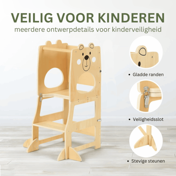 Leertoren veilig voor kinderen met afgeronde hoeken, veiligheidsbalk en stevige houten constructie