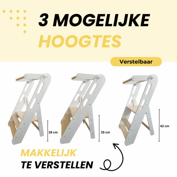 Witte Montessori leertoren met drie verstelbare hoogtes