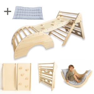 Complete Montessori klimrek set naturel met klimboog, glijbaan en kussen