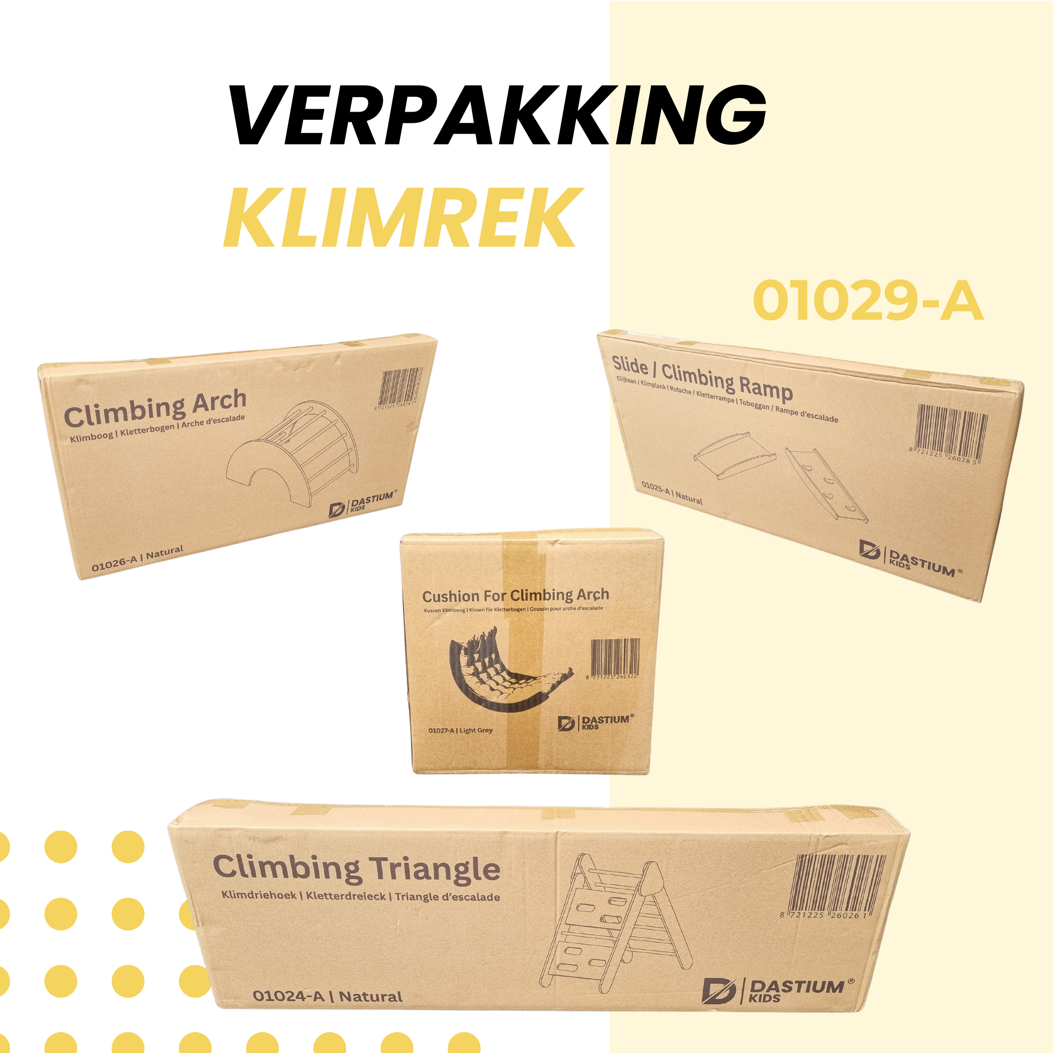 Verpakking Montessori klimrek naturel hout inclusief Pikler driehoek en accessoires
