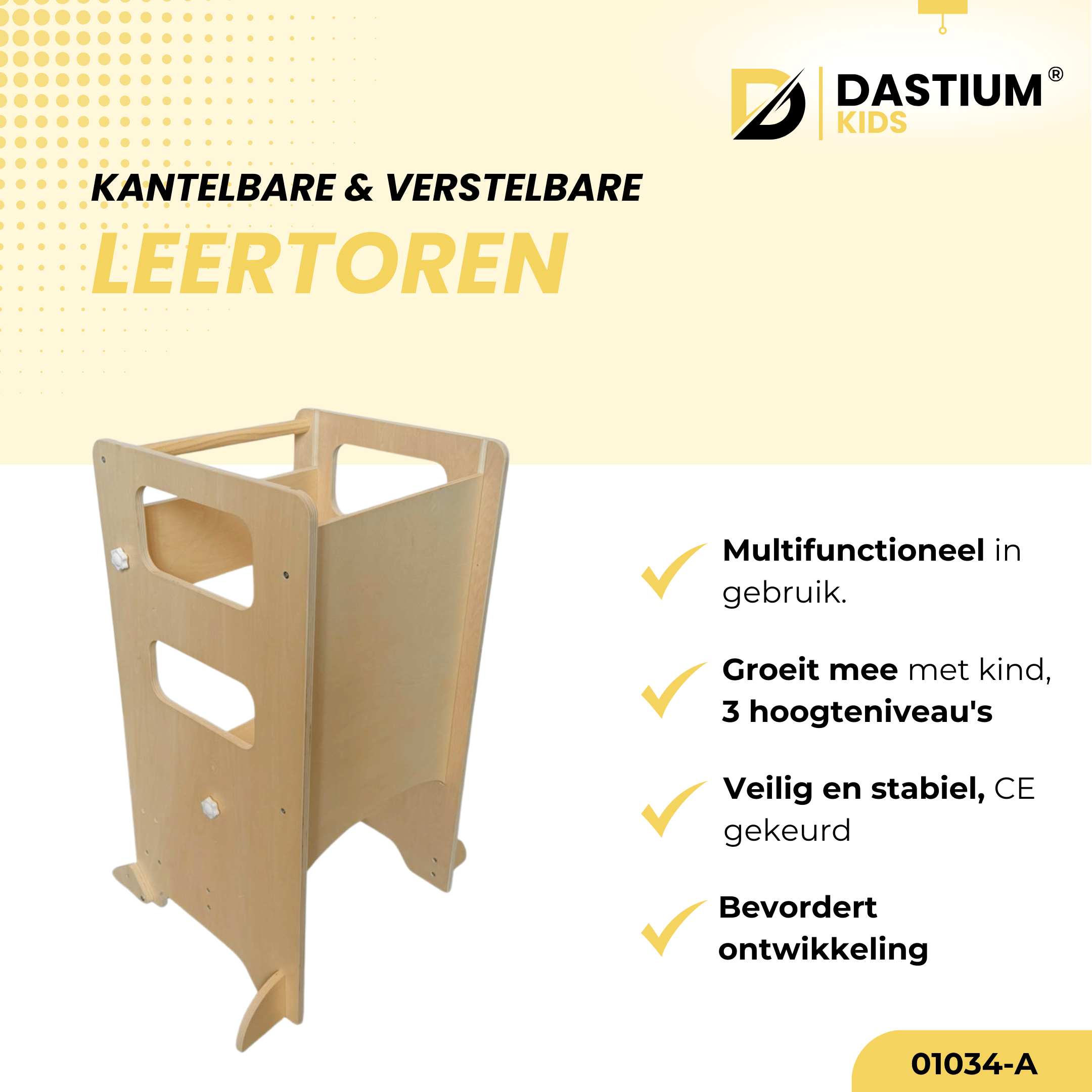 Dastium Kids 3-IN-1 Leertoren – Hoge Stoel – Speeltafel – Naturel Hout