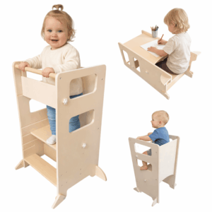 Dastium Kids beige Montessori leertoren met houten details – veilige learning tower voor kinderen