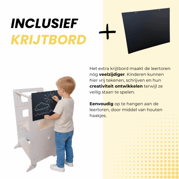 Beige Montessori leertoren met krijtbord voor tekenen, spelen en leren