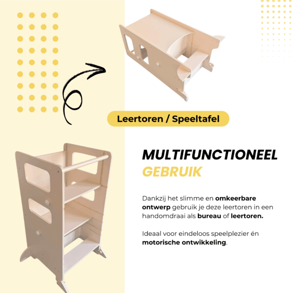Kantelbare Montessori leertoren die kan worden gebruikt als keukenhulpje of speeltafel