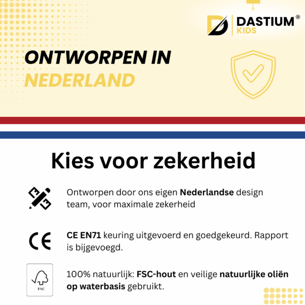 Dastium Kids houten leertoren ontworpen in Nederland met CE certificering en veilig ontwerp