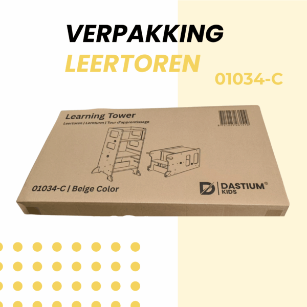 Verpakking van de beige Montessori leertoren van Dastium Kids